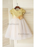 Short Sleeves Gold Sequin Ivory Tulle Knee Length Flower Girl Dress